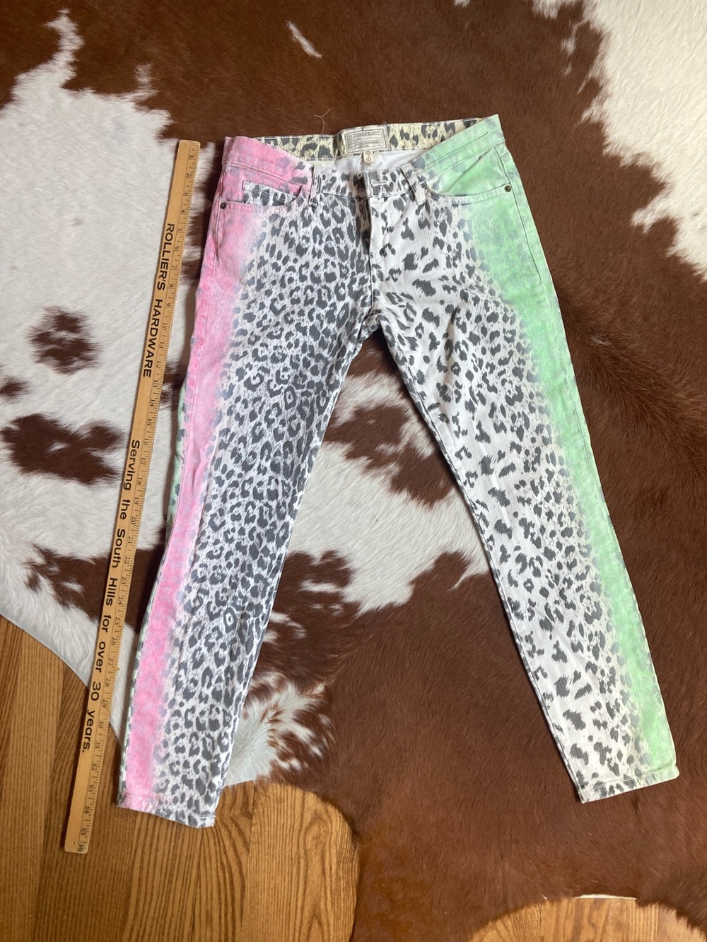 Current/Elliott Leopard Print Skinny Jeans with Pink & Green Side Panels